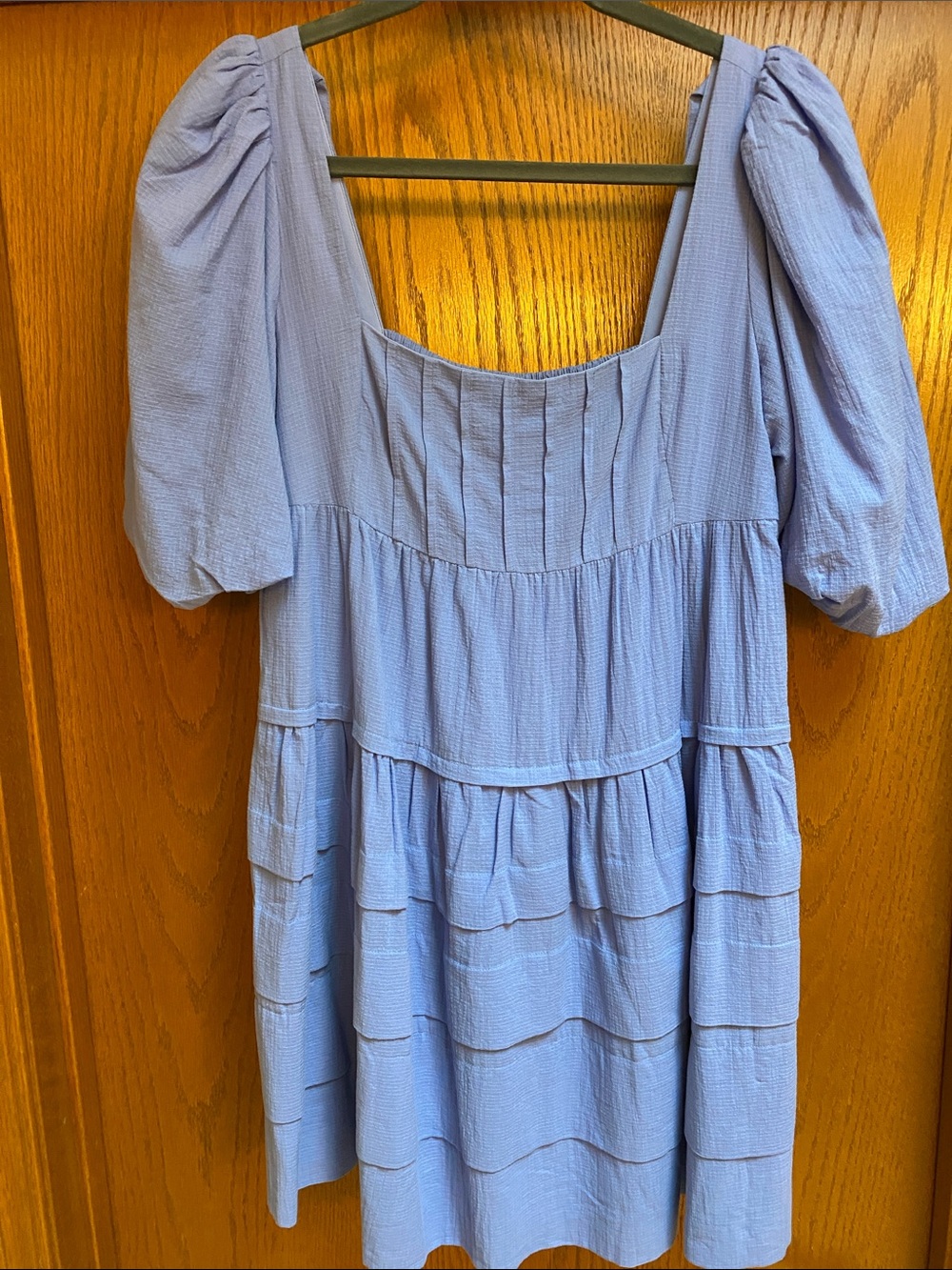 By Anthropologie Light Blue Square-Neck Puff Sleeve Mini Dress